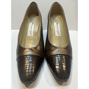 Etienne Aigner Pumps Womens 8M Bronze Leather Croc Embossed Cap Toe Heels Spain